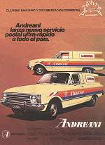 Publicidad de Andreani del año 73 usando los Ranchero como vehiculo de entregas